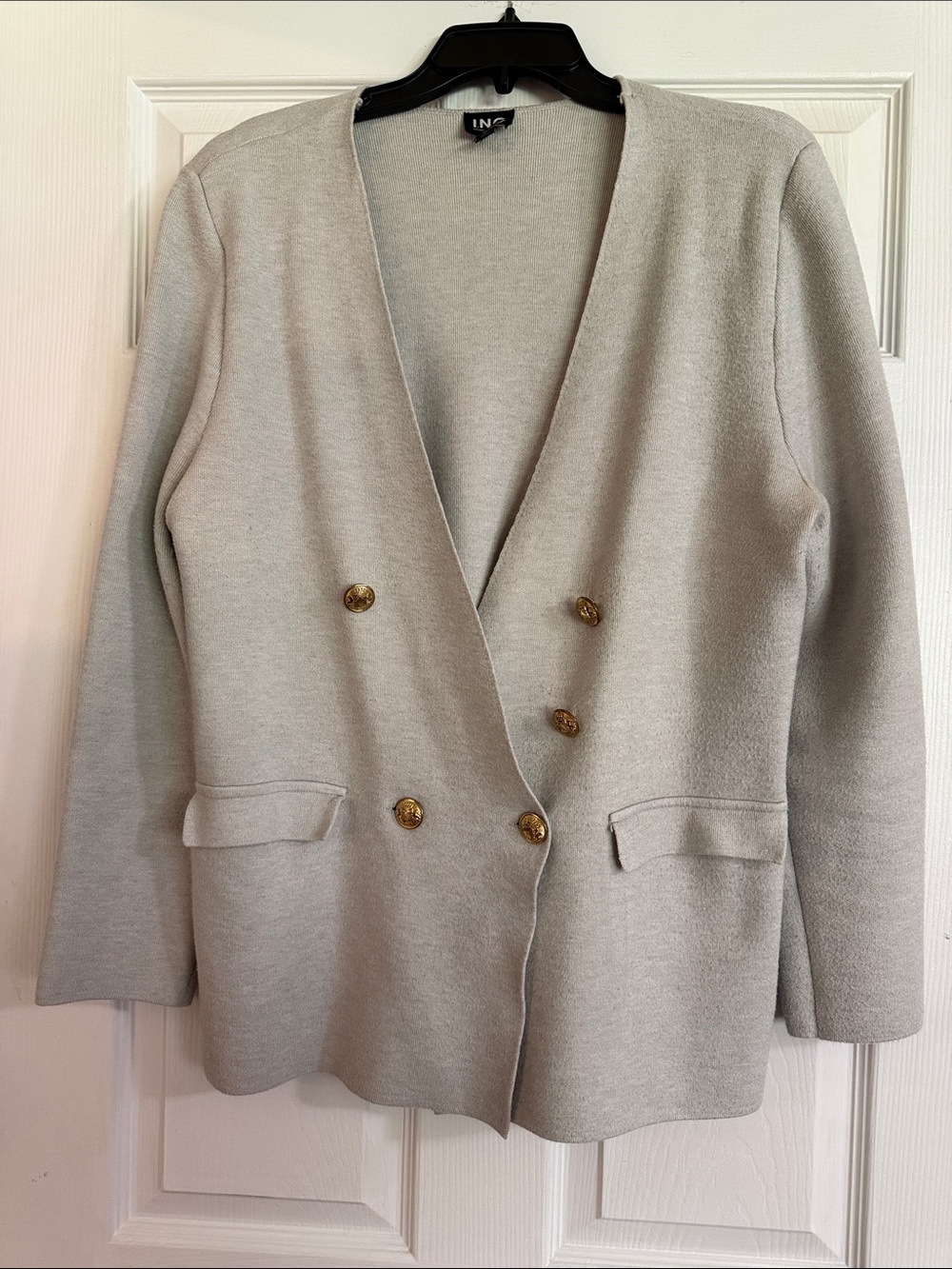 INC International Concepts Light Cream Double-Breasted Blazer with Gold Buttons